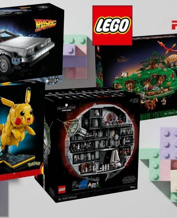 Collage mit sechs LEGO-Set-Verpackungen aus den Themenwelten „Zurück in die Zukunft“, Pokémon, Star Wars, „Der Herr der Ringe“, Star Trek und „Stranger Things“ vor einem Hintergrund aus bunten Bausteinen; darüber sind die Logos von LEGO und Proshop zu sehen.