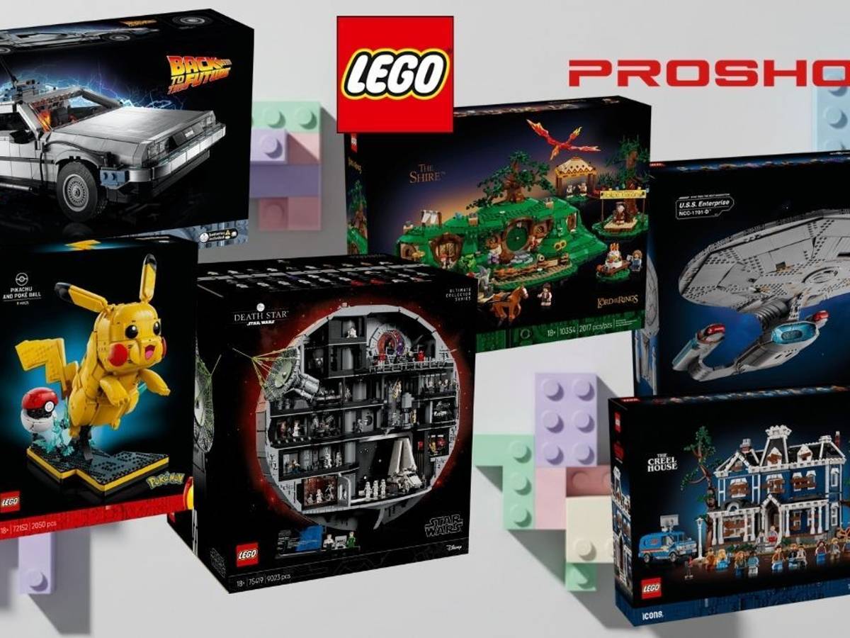 Collage mit sechs LEGO-Set-Verpackungen aus den Themenwelten „Zurück in die Zukunft“, Pokémon, Star Wars, „Der Herr der Ringe“, Star Trek und „Stranger Things“ vor einem Hintergrund aus bunten Bausteinen; darüber sind die Logos von LEGO und Proshop zu sehen.