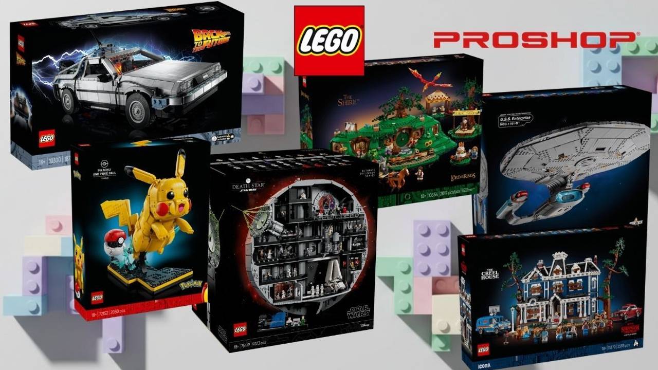 Collage mit sechs LEGO-Set-Verpackungen aus den Themenwelten „Zurück in die Zukunft“, Pokémon, Star Wars, „Der Herr der Ringe“, Star Trek und „Stranger Things“ vor einem Hintergrund aus bunten Bausteinen; darüber sind die Logos von LEGO und Proshop zu sehen.