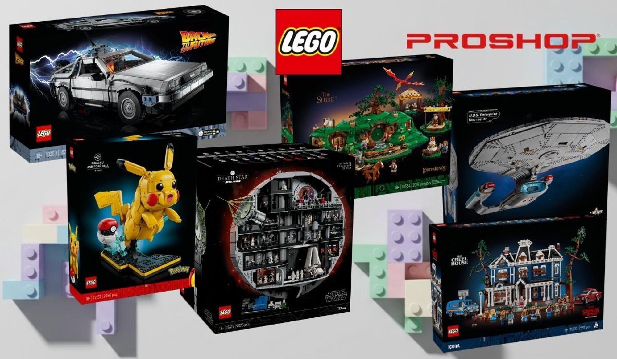 Collage mit sechs LEGO-Set-Verpackungen aus den Themenwelten „Zurück in die Zukunft“, Pokémon, Star Wars, „Der Herr der Ringe“, Star Trek und „Stranger Things“ vor einem Hintergrund aus bunten Bausteinen; darüber sind die Logos von LEGO und Proshop zu sehen.