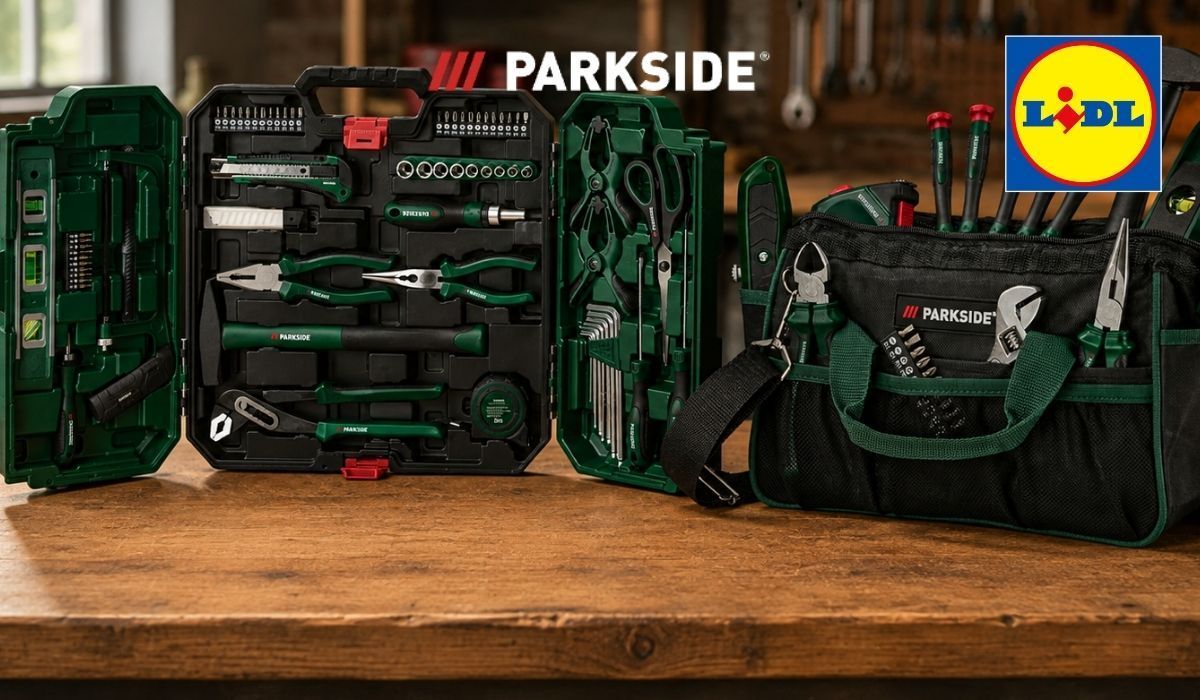Parkside Werkzeugtaschen auf einer Werkbank.