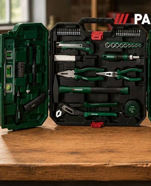 Parkside Werkzeugtaschen auf einer Werkbank.