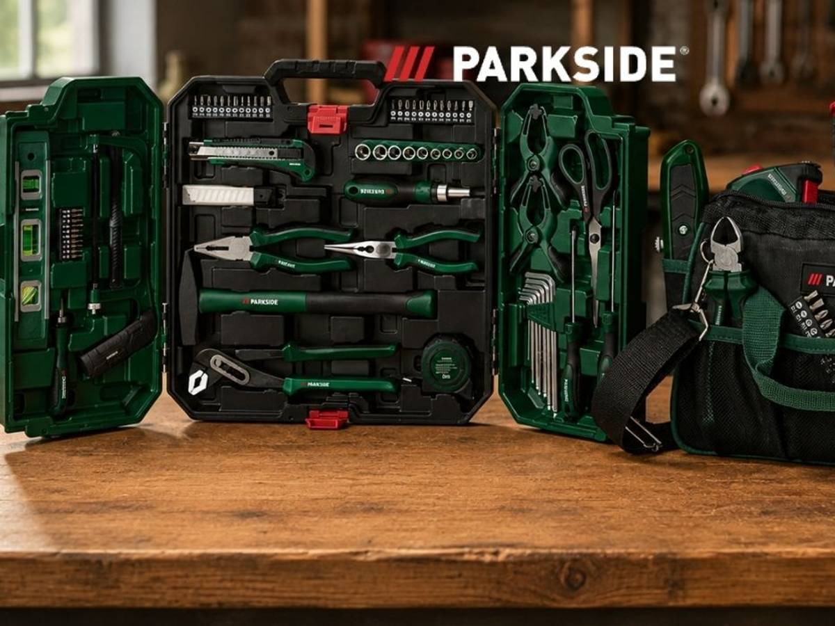 Parkside Werkzeugtaschen auf einer Werkbank.
