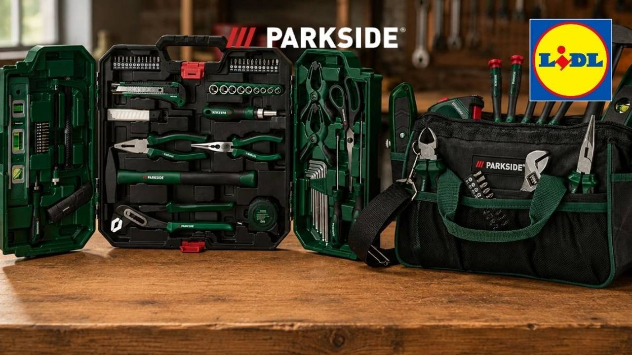Parkside Werkzeugtaschen auf einer Werkbank.