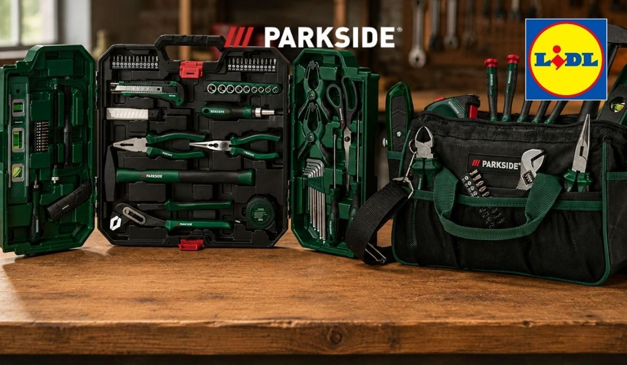 Parkside Werkzeugtaschen auf einer Werkbank.