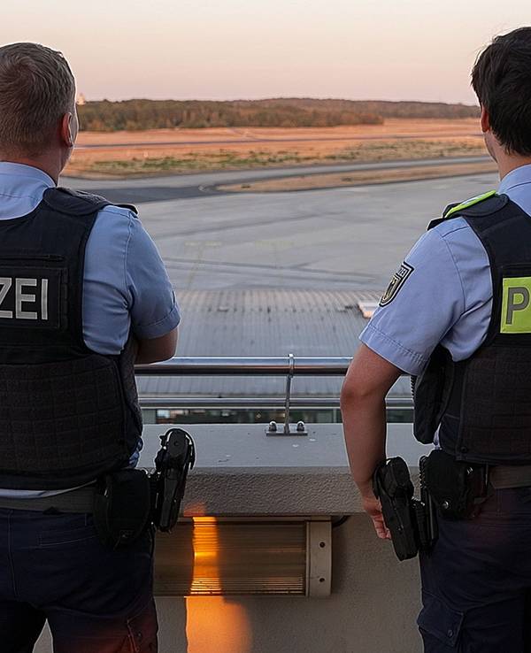 Einsatzkräfte der Polizei blicken auf das Gelände des Flughafens Köln/Bonn. (Symbolfoto)