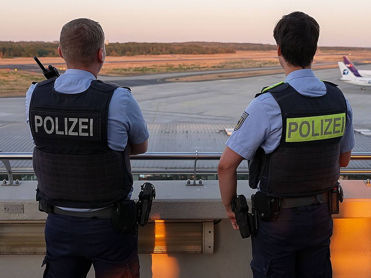 Einsatzkräfte der Polizei blicken auf das Gelände des Flughafens Köln/Bonn. (Symbolfoto)