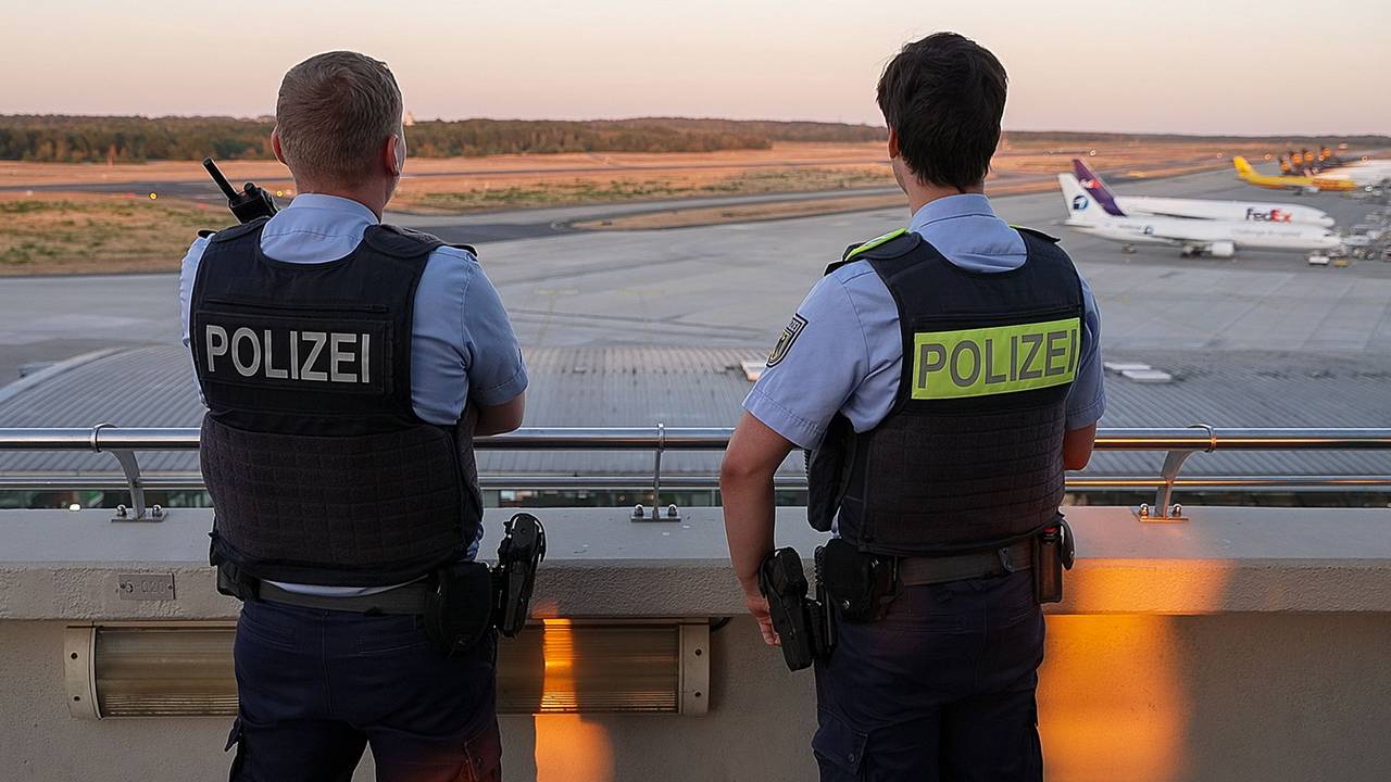 Einsatzkräfte der Polizei blicken auf das Gelände des Flughafens Köln/Bonn. (Symbolfoto)