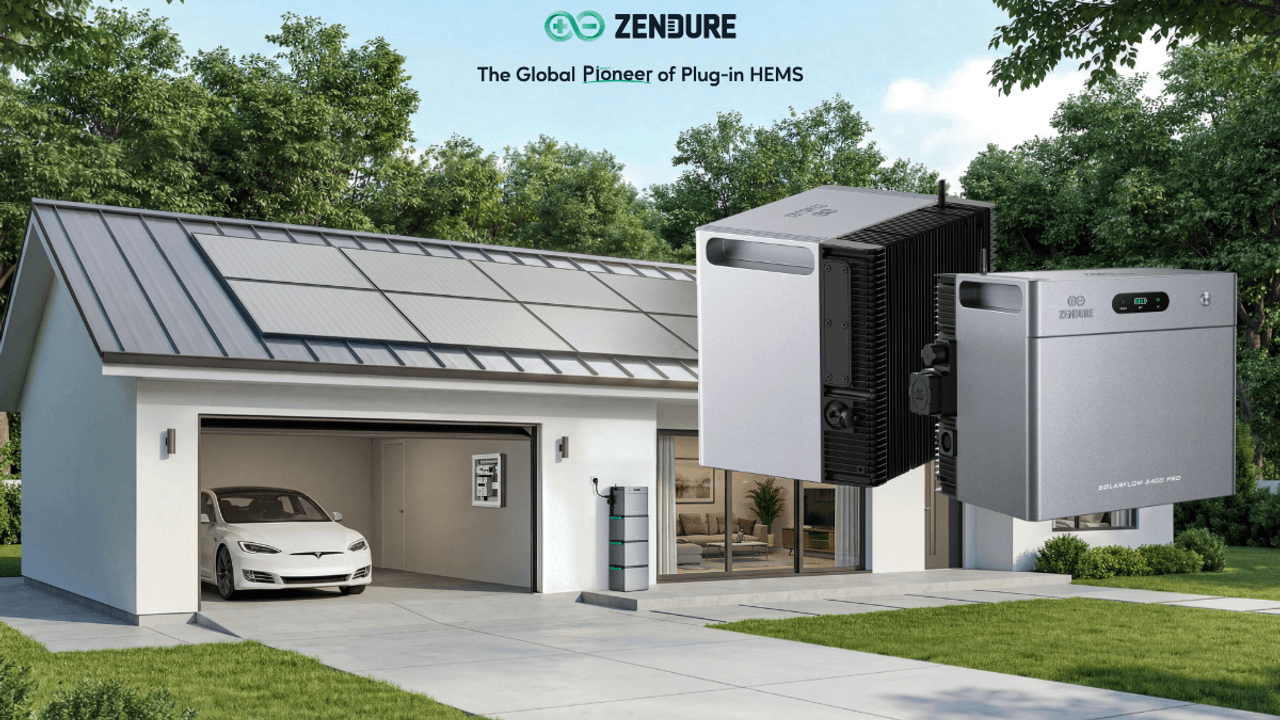 Ein Haus mit Solarmodulen auf dem Dach im Hintergrund. Im Vordergrund sind zwei Speicher zu sehen.