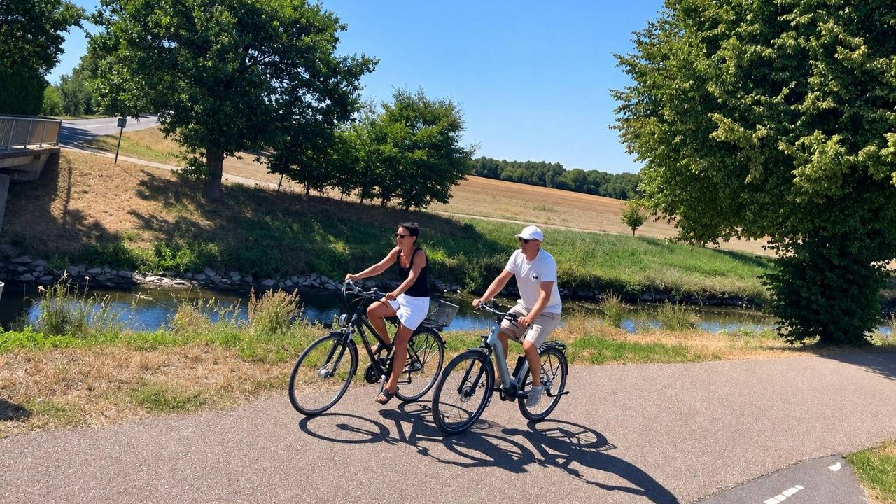 Zwei Radfahrer fahren durch eine sommerliche Flusslandschaft