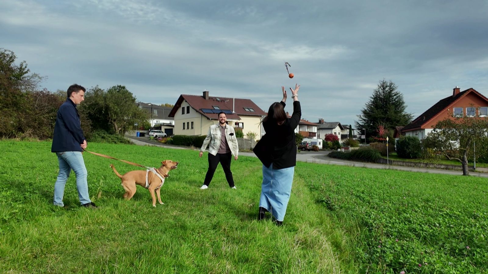 Hundetrainer Marcel (links) trainiert mit Maurice, Marie und ihrem Hund Carlo. (Bild: RTL)