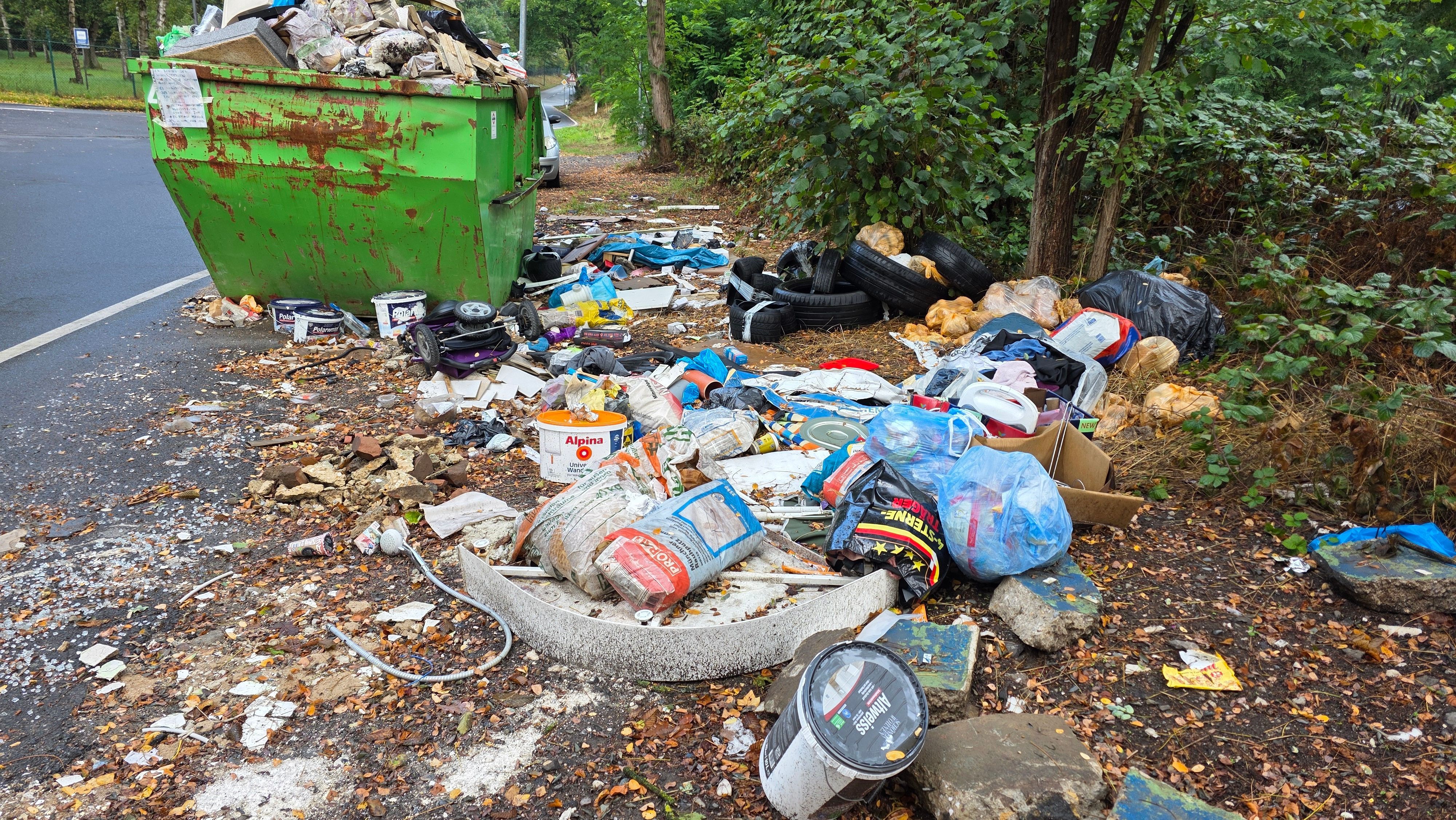 Um einem bereits übervollen Container liegt zahlreicher Müll auf dem Boden.