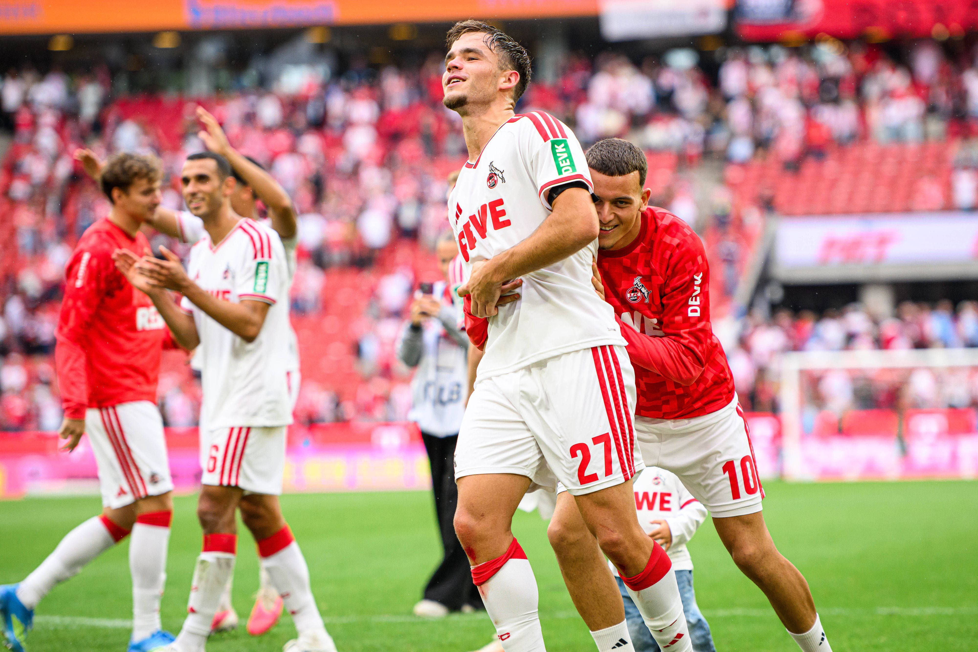 Jubel bei Thijs Dallinga und Said El Mala beim 1. FC Köln.