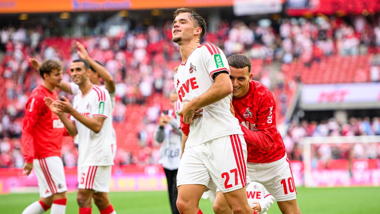 Jubel bei Thijs Dallinga und Said El Mala beim 1. FC Köln.