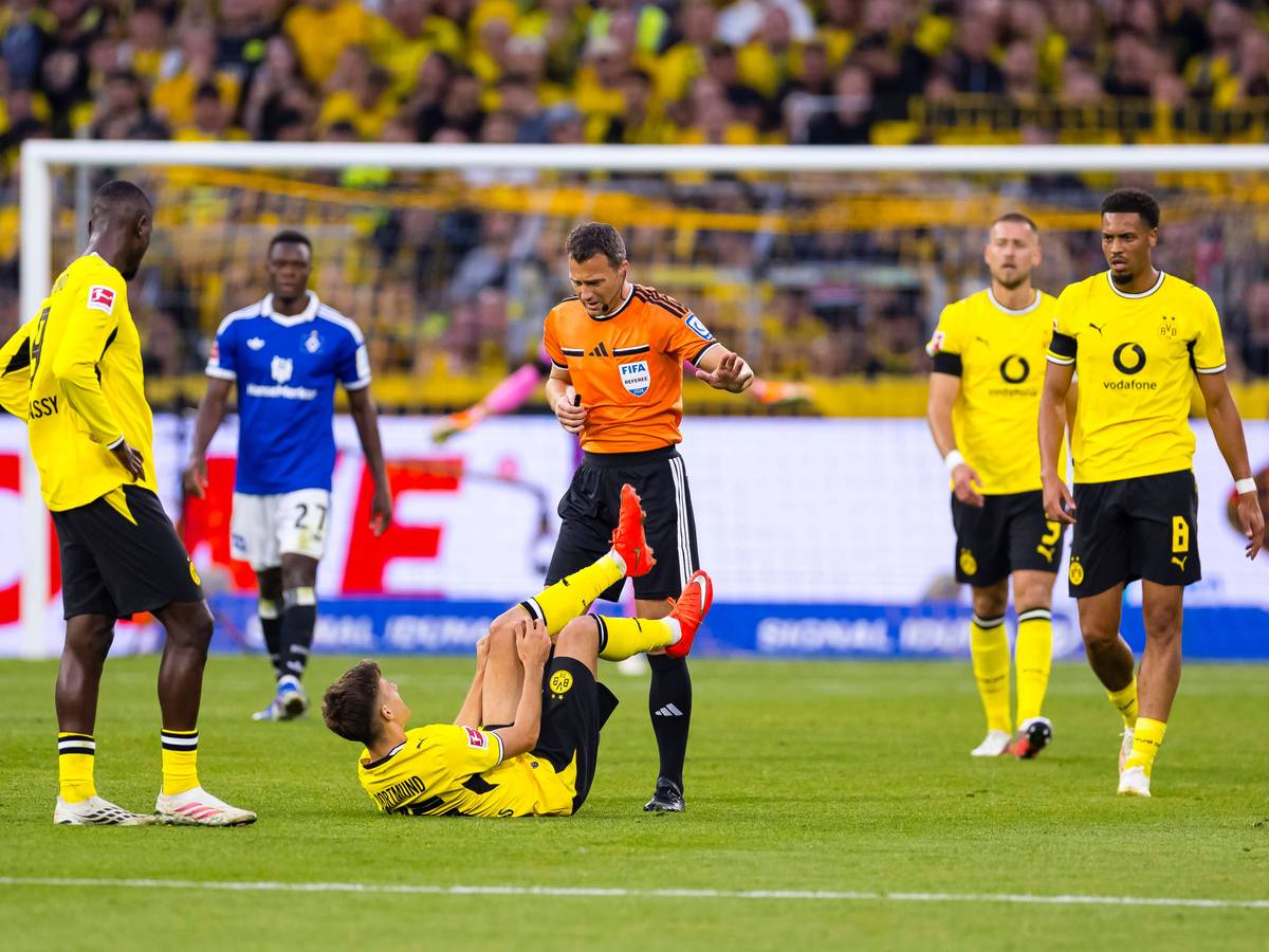Giannis Konstantelias liegt auf dem Boden und hält sich das Knie. Serhou Guirassy und Felix Zwayer stehen daneben.