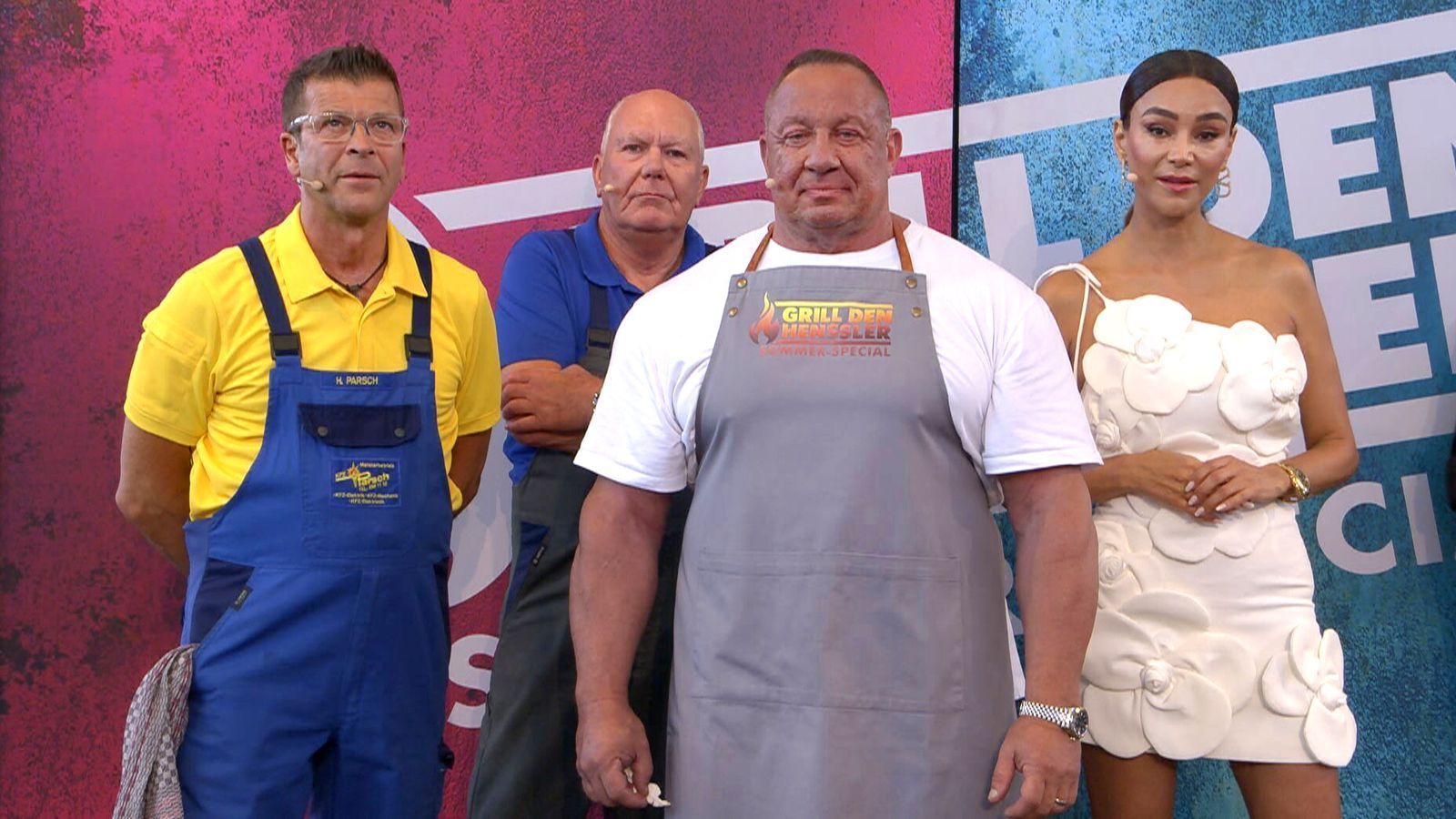 Haben sie eine Chance gegen den Grill-König? Verona Pooth (rechts) führte als Powerfrau drei Kraftmänner ins Rennen: „Die Autodoktoren“ Holger Parsch (links) und Hans-Jürgen Faul (rechts daneben) sowie die deutsche Bodybuilding-Ikone Markus Rühl. (Bild: RTL)