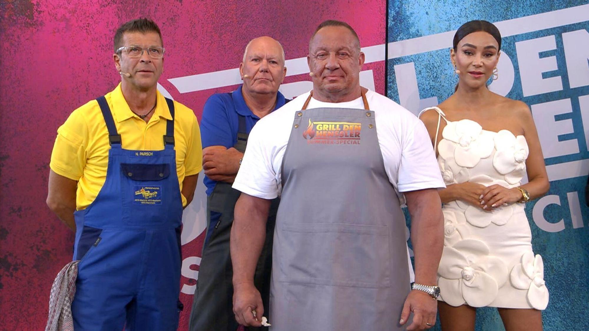 Haben sie eine Chance gegen den Grill-König? Verona Pooth (rechts) führte als Powerfrau drei Kraftmänner ins Rennen: „Die Autodoktoren“ Holger Parsch (links) und Hans-Jürgen Faul (rechts daneben) sowie die deutsche Bodybuilding-Ikone Markus Rühl. (Bild: RTL)