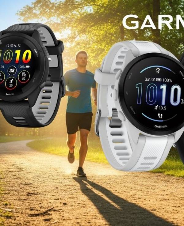 Smartwatches Garmin Forerunner 55, 165, 965 oder 265 vor einem sonnigen Hintergrund mit einem Park mit Jogger.