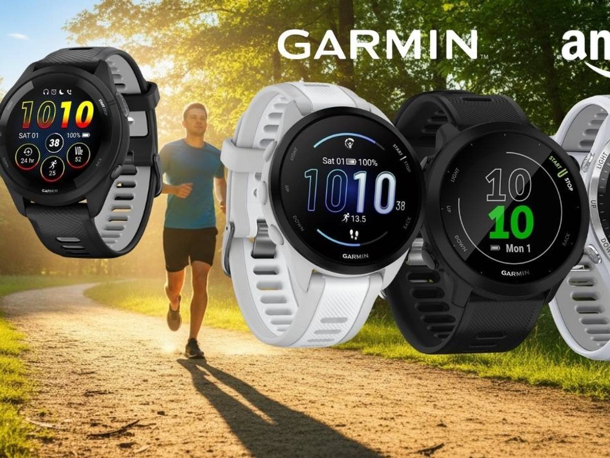 Smartwatches Garmin Forerunner 55, 165, 965 oder 265 vor einem sonnigen Hintergrund mit einem Park mit Jogger.