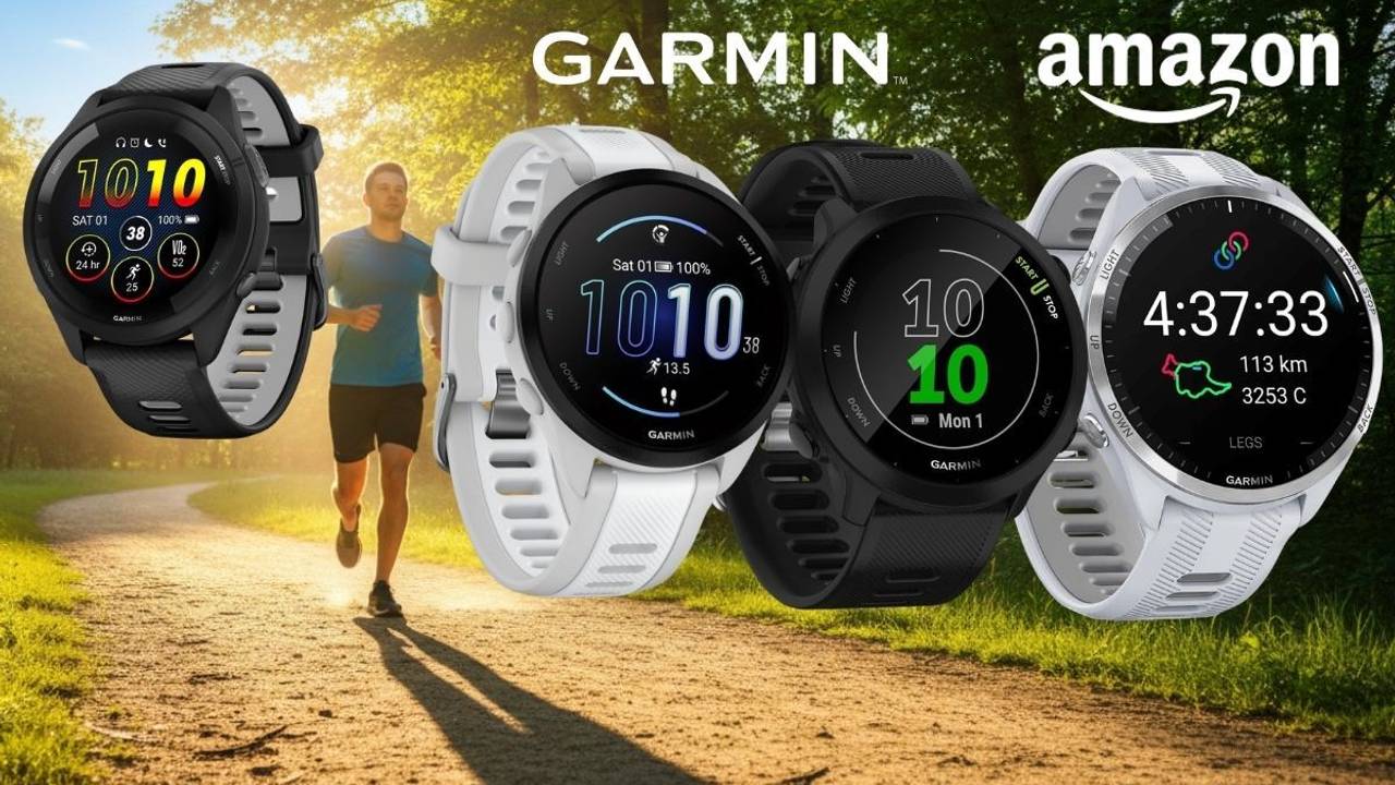 Smartwatches Garmin Forerunner 55, 165, 965 oder 265 vor einem sonnigen Hintergrund mit einem Park mit Jogger.