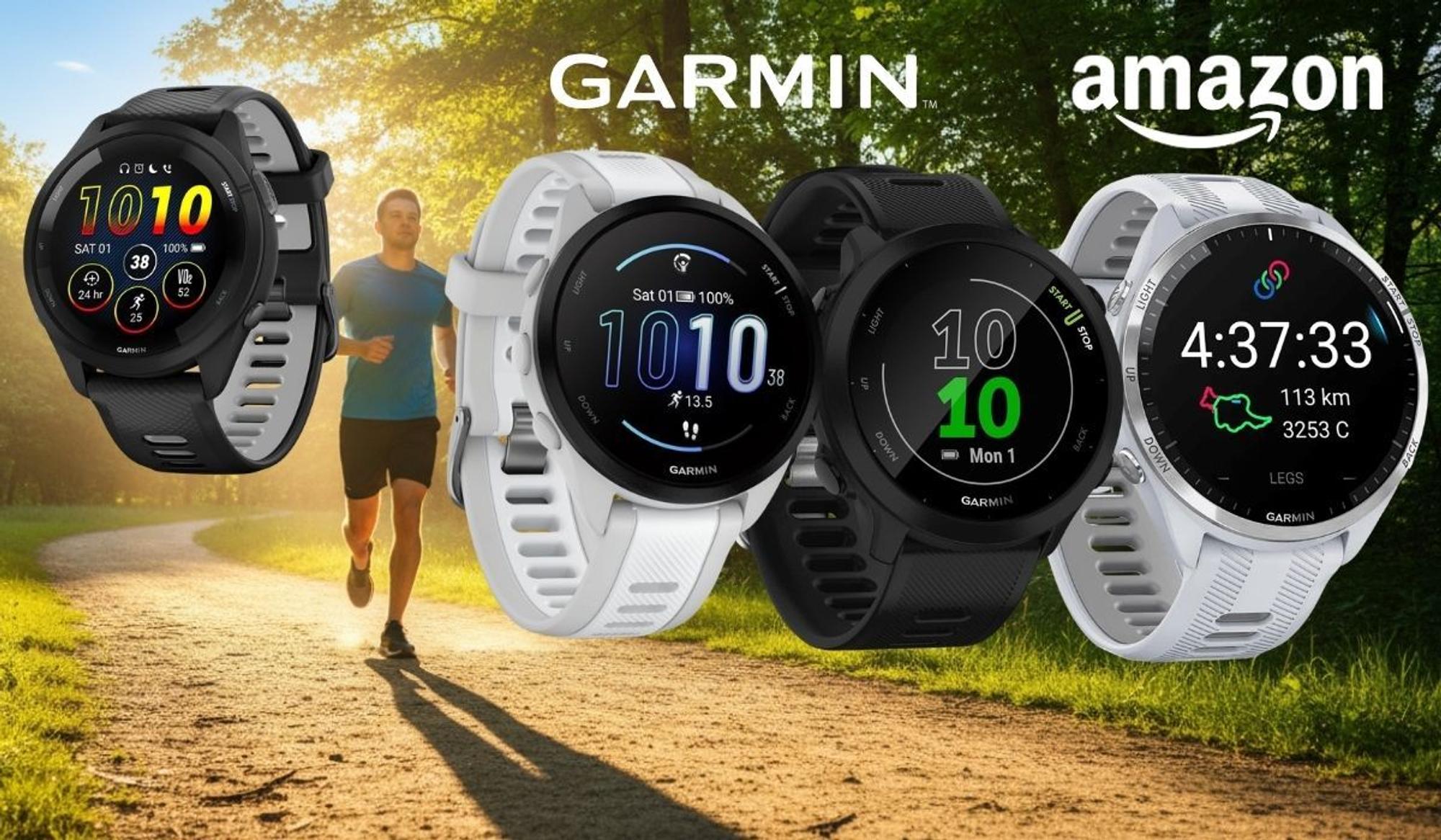 Smartwatches Garmin Forerunner 55, 165, 965 oder 265 vor einem sonnigen Hintergrund mit einem Park mit Jogger.