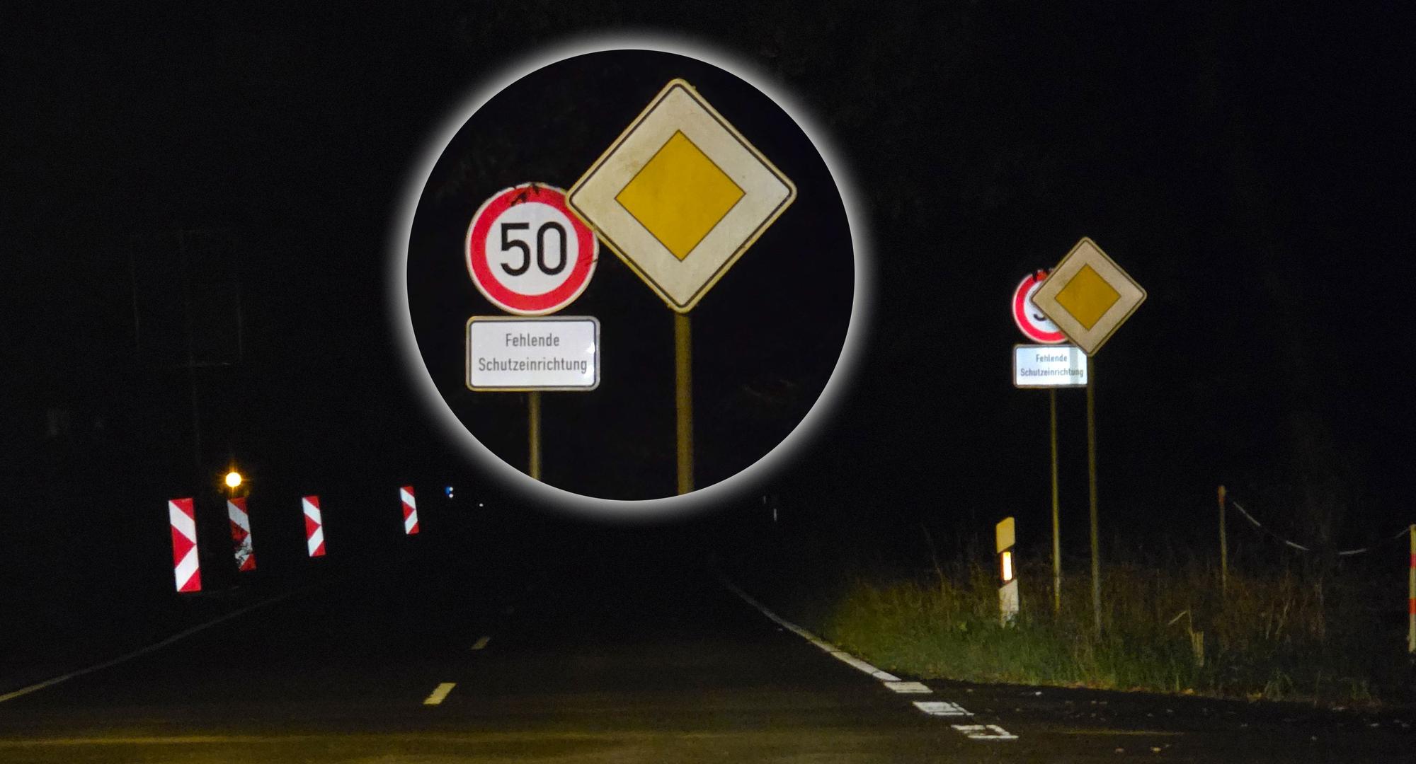 Ein Vorfahrtschild verdeckt an einer Straße ein Tempo-50-Schild.