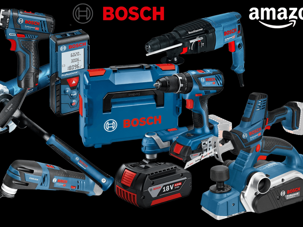 Collage verschiedener blauer Bosch Professional Werkzeuge (Bohrhammer, Schlagbohrmaschine, Akkubohrer, Winkelschleifer, 18V Akku, blauer Werkzeugkoffer) vor blauem Hintergrund mit Prime Day Logo und der rote Bosch-Schriftzug. Rechts oben roter Button mit der Aufschrift „Bis -51 % Rabatt zur UVP".