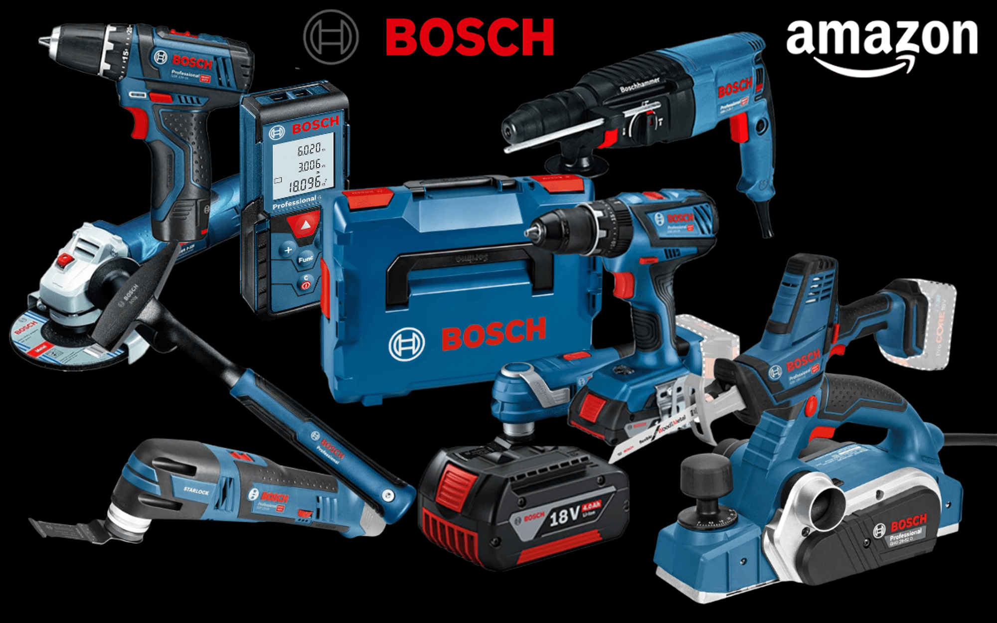 Collage verschiedener blauer Bosch Professional Werkzeuge (Bohrhammer, Schlagbohrmaschine, Akkubohrer, Winkelschleifer, 18V Akku, blauer Werkzeugkoffer) vor blauem Hintergrund mit Prime Day Logo und der rote Bosch-Schriftzug. Rechts oben roter Button mit der Aufschrift „Bis -51 % Rabatt zur UVP".