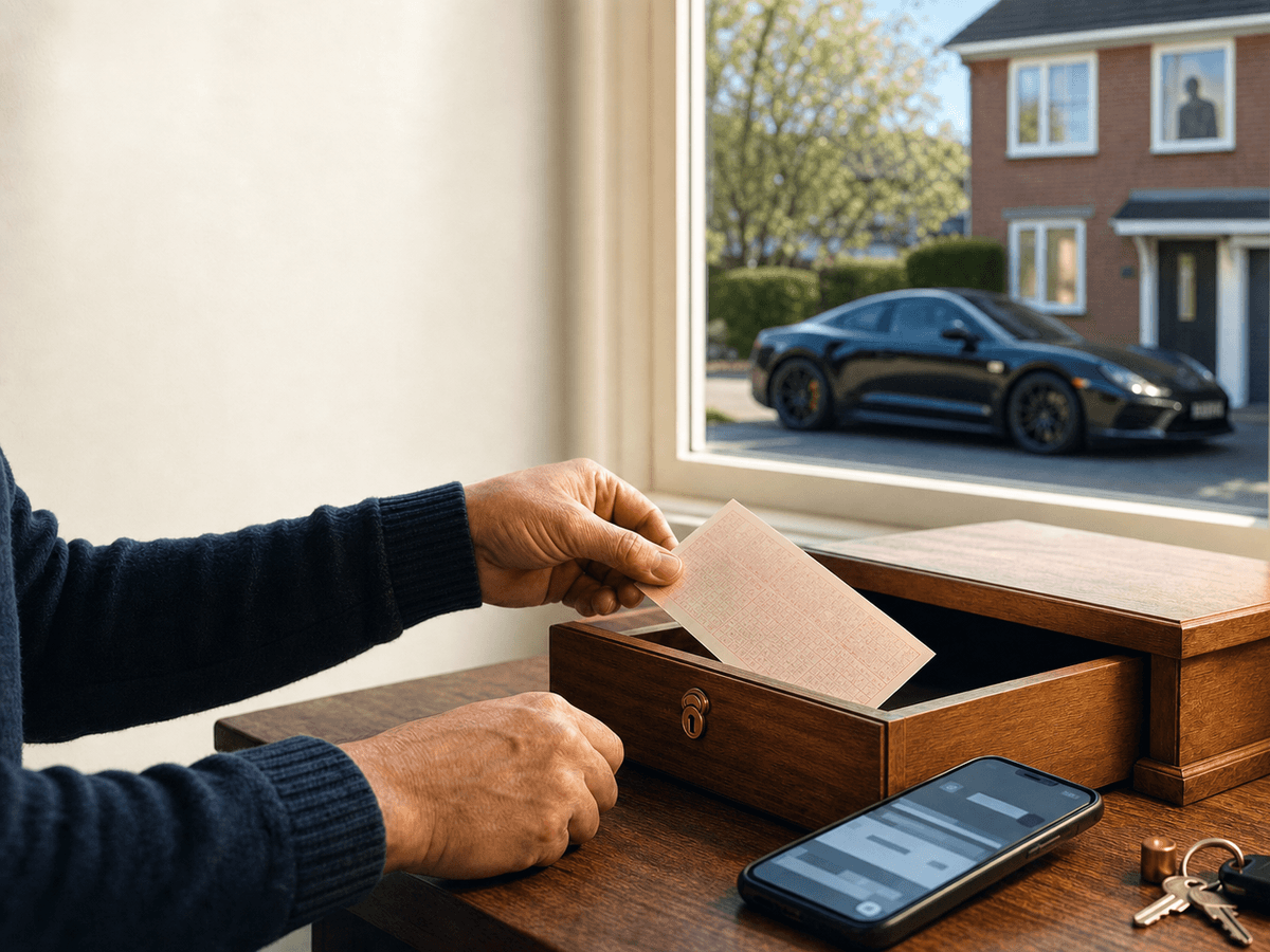 Anonymer Person, verschließbarer Schublade, neutralem Lottoschein, Smartphone, Schlüsselbund, unscharfer Wohnstraße, schwarzem Sportwagen und dezenter Nachbarsilhouette.