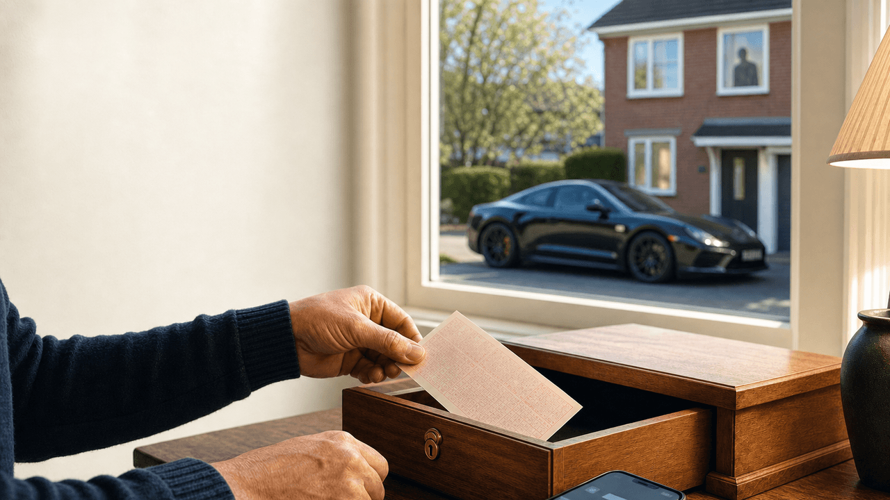 Anonymer Person, verschließbarer Schublade, neutralem Lottoschein, Smartphone, Schlüsselbund, unscharfer Wohnstraße, schwarzem Sportwagen und dezenter Nachbarsilhouette.