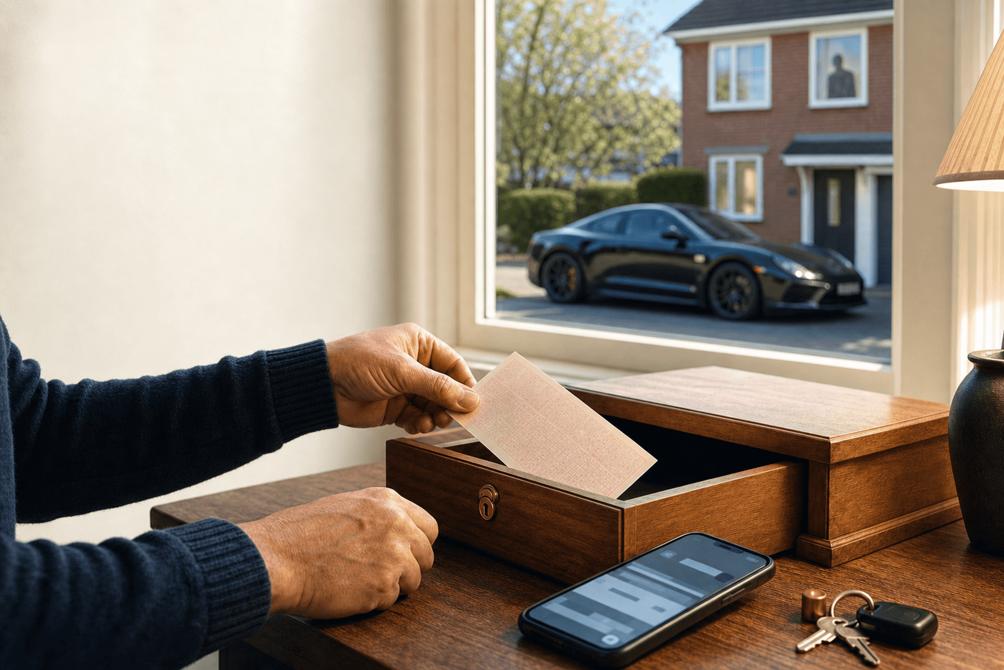 Anonymer Person, verschließbarer Schublade, neutralem Lottoschein, Smartphone, Schlüsselbund, unscharfer Wohnstraße, schwarzem Sportwagen und dezenter Nachbarsilhouette.