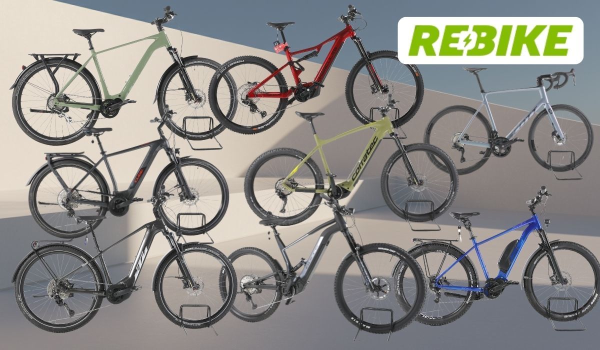 Collage mit mehreren E-Bikes in verschiedenen Farben und Bauformen vor einem geometrischen Hintergrund; oben rechts ist das Rebike-Logo zu sehen.