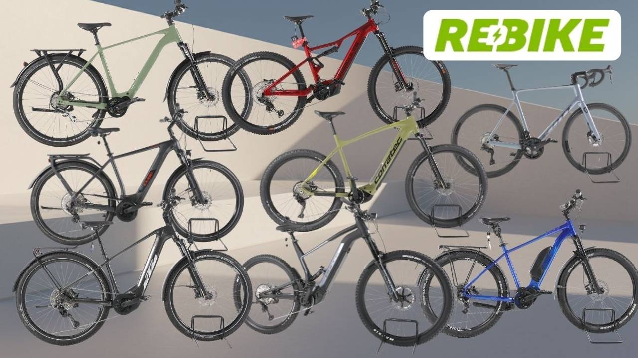 Collage mit mehreren E-Bikes in verschiedenen Farben und Bauformen vor einem geometrischen Hintergrund; oben rechts ist das Rebike-Logo zu sehen.