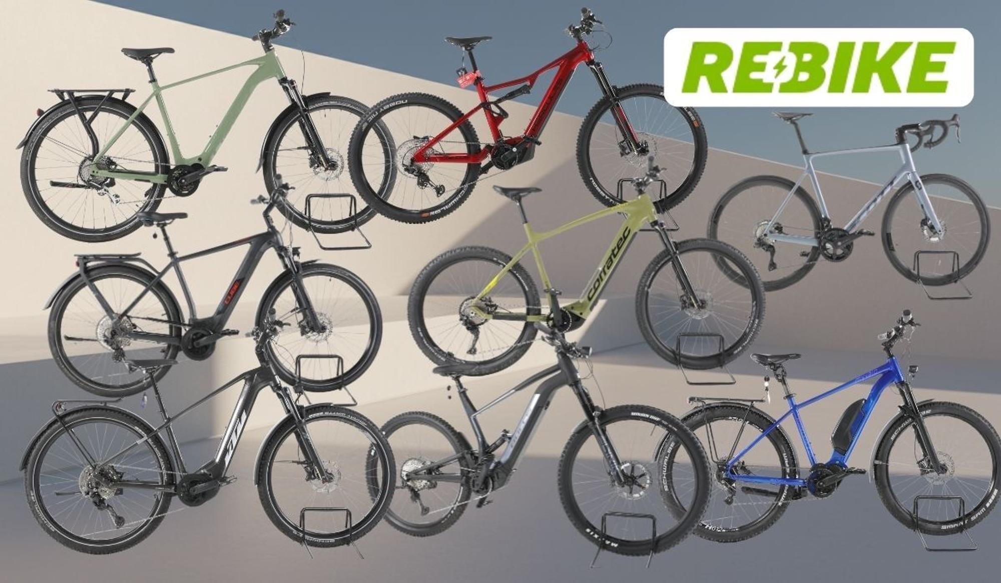 Collage mit mehreren E-Bikes in verschiedenen Farben und Bauformen vor einem geometrischen Hintergrund; oben rechts ist das Rebike-Logo zu sehen.