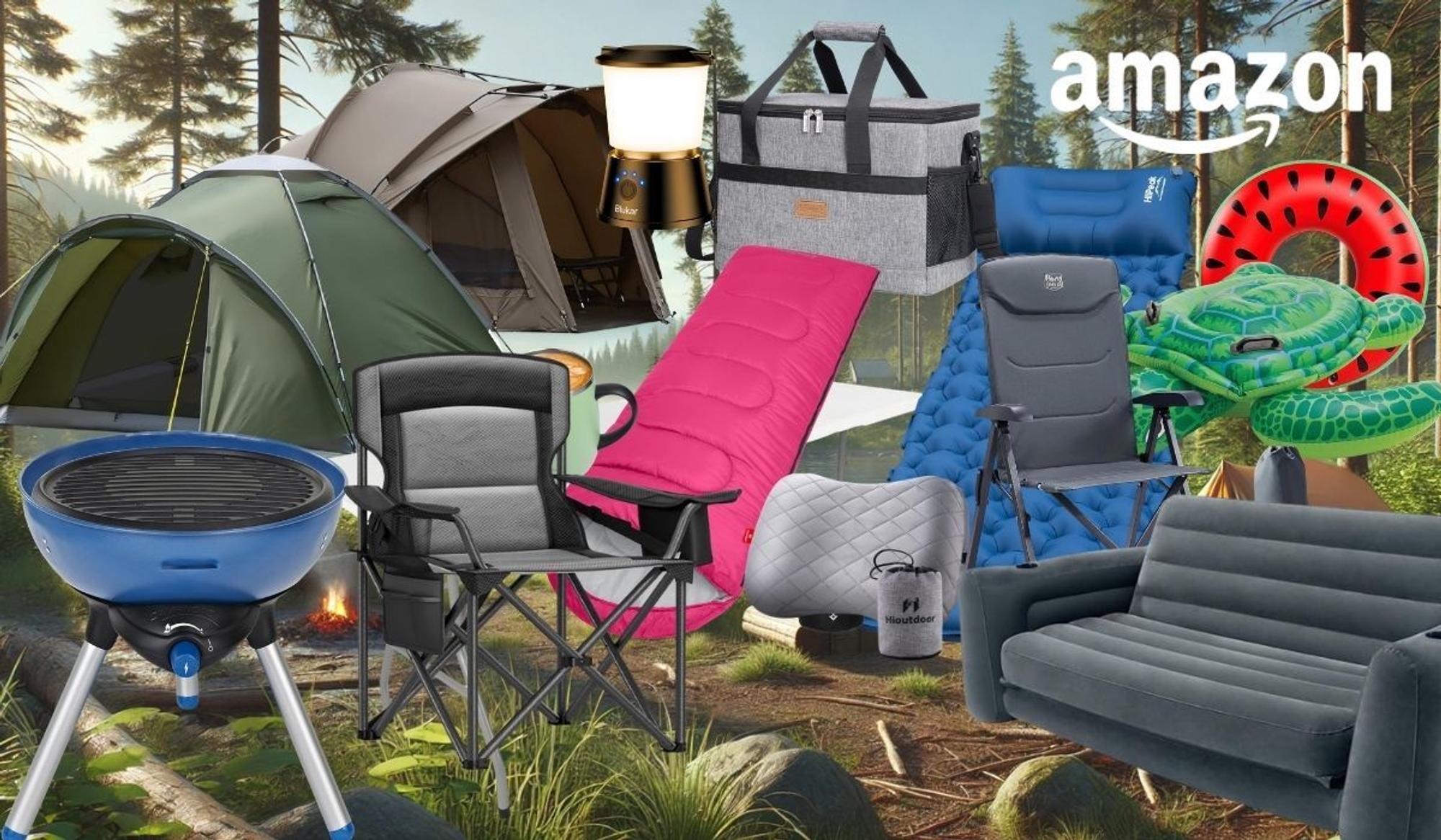 Camping Produkte wie Zelt, Schlafsack, Luftmatratze, Isomatte Grill und mehr vor einem Wald mit See und blauem Himmel.