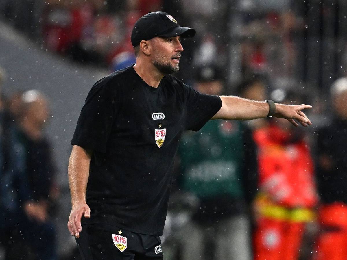 VfB-Trainer Sebastian Hoeneß gestikuliert an der Seitenlinie.