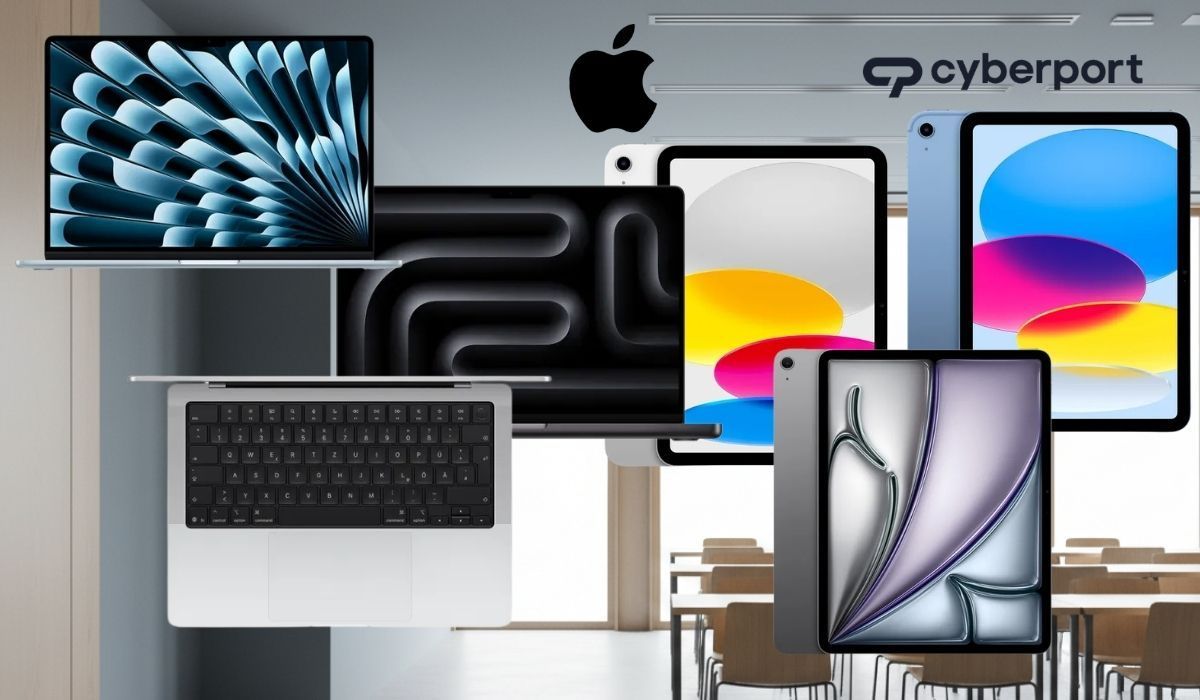 Mehrere Apple-Geräte wie MacBook, iPad und weitere Tablets vor dem Hintergrund eines Klassenzimmers; darüber sind Apple- und Cyberport-Logos zu sehen.