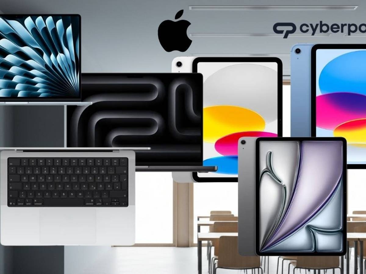 Mehrere Apple-Geräte wie MacBook, iPad und weitere Tablets vor dem Hintergrund eines Klassenzimmers; darüber sind Apple- und Cyberport-Logos zu sehen.
