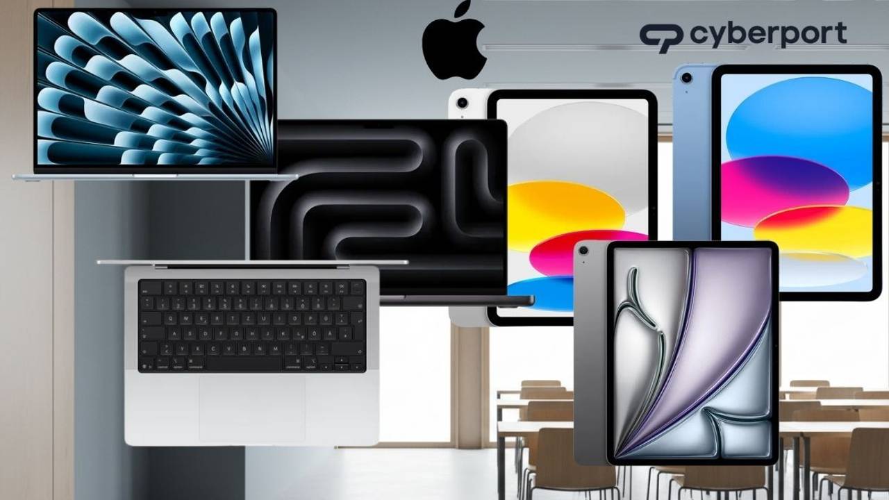 Mehrere Apple-Geräte wie MacBook, iPad und weitere Tablets vor dem Hintergrund eines Klassenzimmers; darüber sind Apple- und Cyberport-Logos zu sehen.