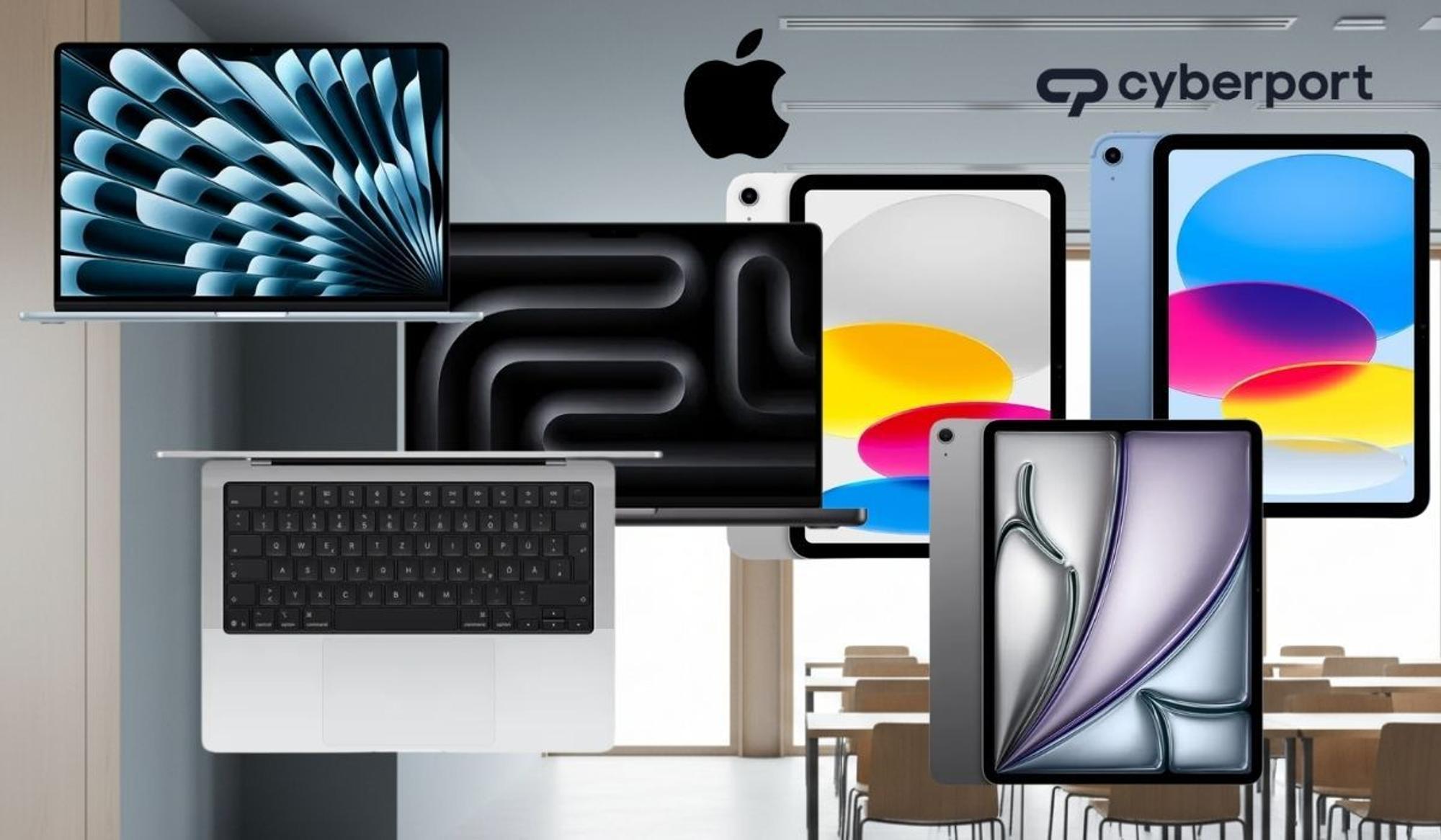 Mehrere Apple-Geräte wie MacBook, iPad und weitere Tablets vor dem Hintergrund eines Klassenzimmers; darüber sind Apple- und Cyberport-Logos zu sehen.