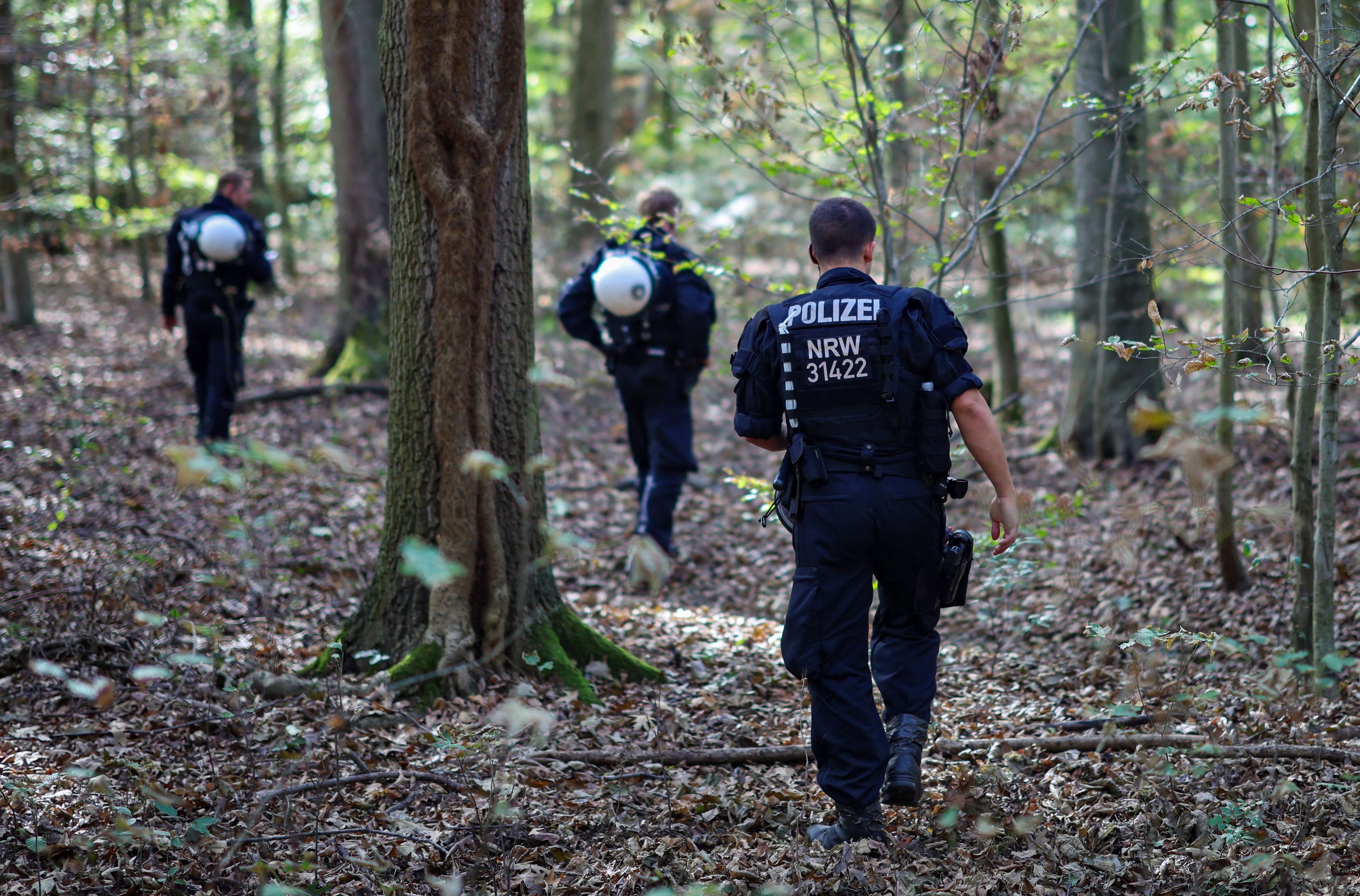 Polizeikräfte durchsuchen ein Waldstück.
