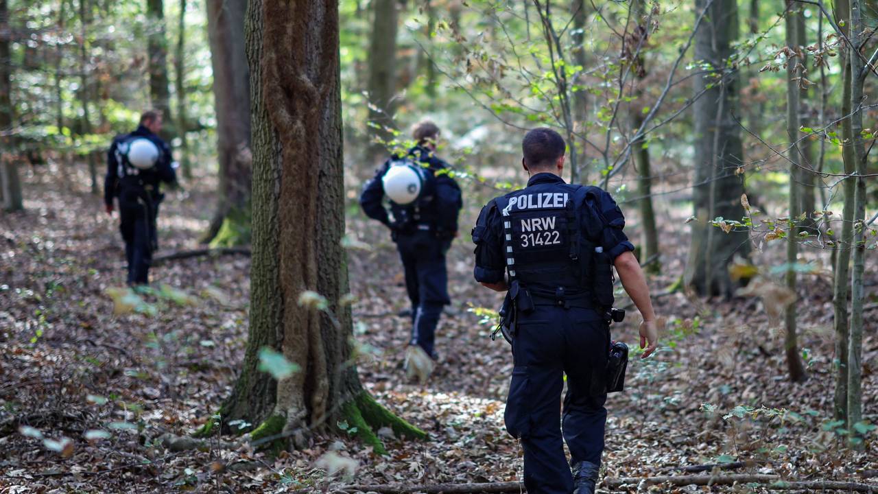 Polizeikräfte durchsuchen ein Waldstück.