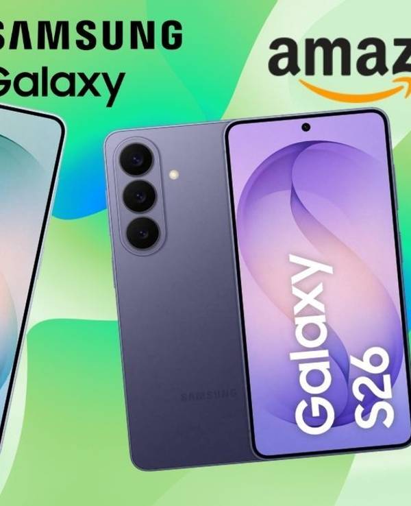 Samsung Galaxy S26 Smartphones in Hellblau und Lila vor einem grünen Hintergrund.