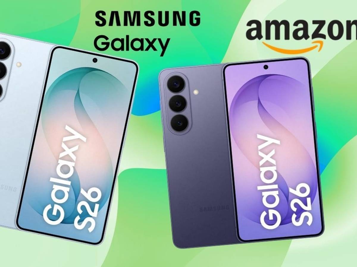 Samsung Galaxy S26 Smartphones in Hellblau und Lila vor einem grünen Hintergrund.