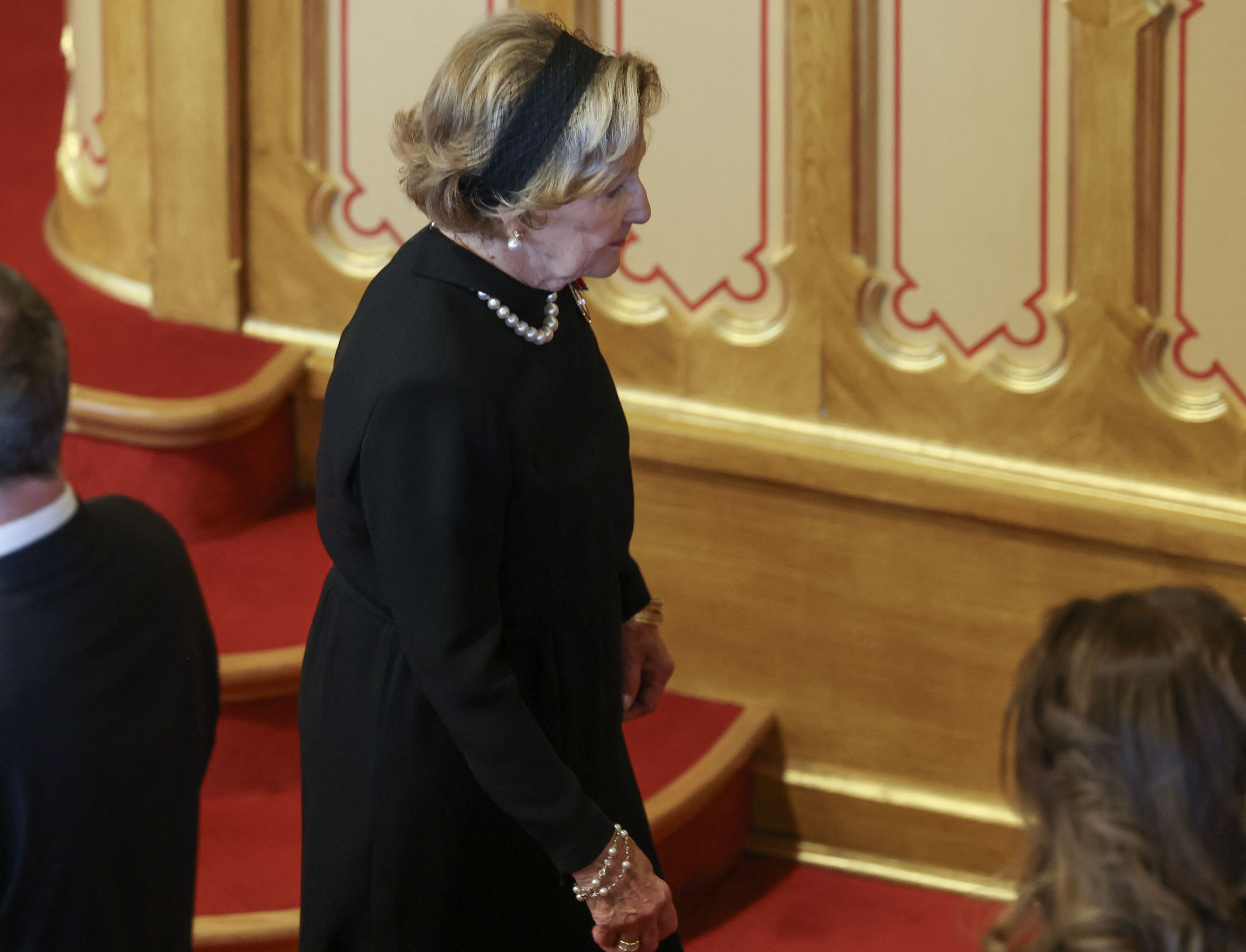 Queen Sonja of Norway walks in the Stortning as she attends the oath-taking ceremony for the new king to Norway's constitution in the main chamber of the Norwegian Parliament, the Storting, in Oslo on September 1, 2026. Haakon became King Haakon VIII of Norway  when his father King Harald V died in the morning of August 28 aged 89. (Photo by Odd ANDERSEN / AFP)