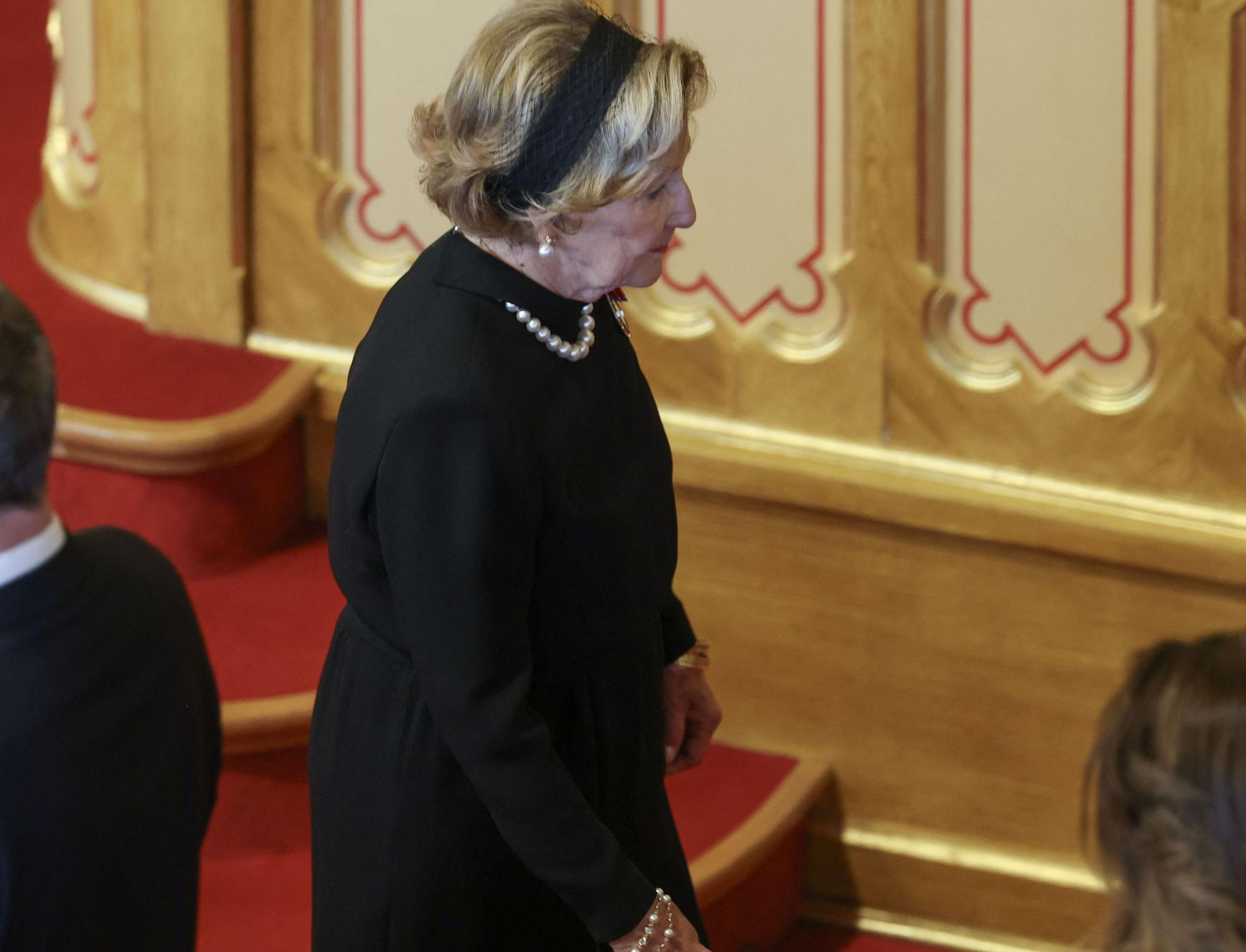 Queen Sonja of Norway walks in the Stortning as she attends the oath-taking ceremony for the new king to Norway's constitution in the main chamber of the Norwegian Parliament, the Storting, in Oslo on September 1, 2026. Haakon became King Haakon VIII of Norway when his father King Harald V died in the morning of August 28 aged 89. (Photo by Odd ANDERSEN / AFP)