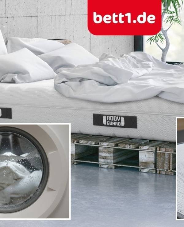 Kompositbild mit einem Bett auf einer BODYGUARD-Matratze sowie Detailaufnahmen einer Waschmaschine mit schäumender Bettwäsche und einer Staubsaugerdüse auf der Matratzenoberfläche.