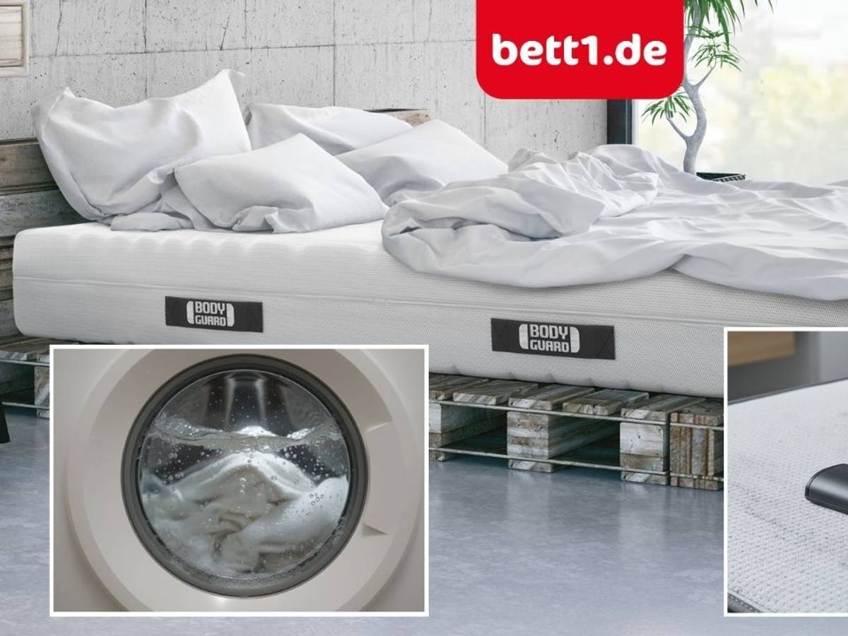 Kompositbild mit einem Bett auf einer BODYGUARD-Matratze sowie Detailaufnahmen einer Waschmaschine mit schäumender Bettwäsche und einer Staubsaugerdüse auf der Matratzenoberfläche.