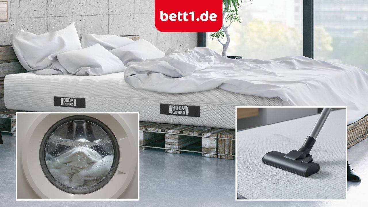 Kompositbild mit einem Bett auf einer BODYGUARD-Matratze sowie Detailaufnahmen einer Waschmaschine mit schäumender Bettwäsche und einer Staubsaugerdüse auf der Matratzenoberfläche.
