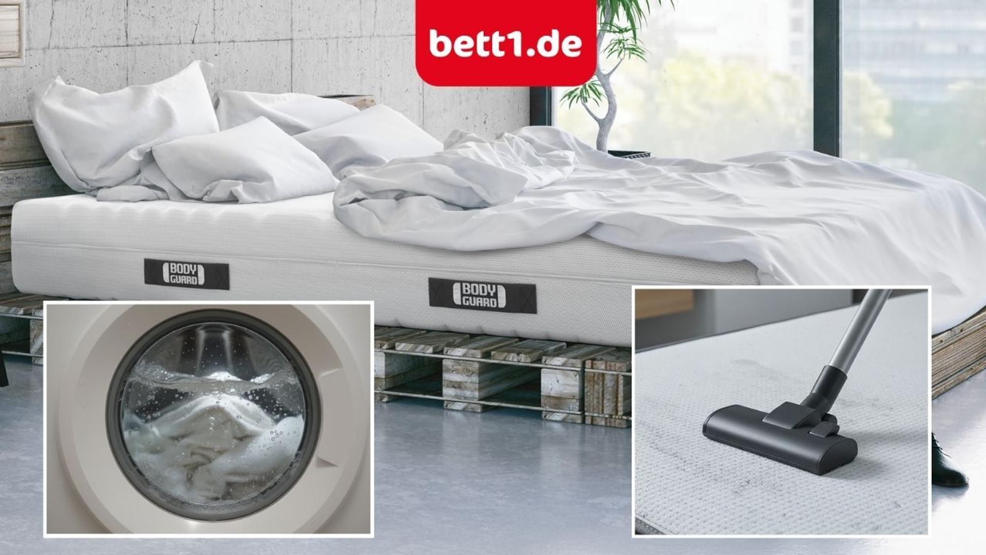 Kompositbild mit einem Bett auf einer BODYGUARD-Matratze sowie Detailaufnahmen einer Waschmaschine mit schäumender Bettwäsche und einer Staubsaugerdüse auf der Matratzenoberfläche.